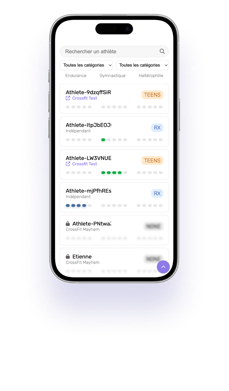 Screenshot of an iPhone with a list of athletes in the Wodmate app.