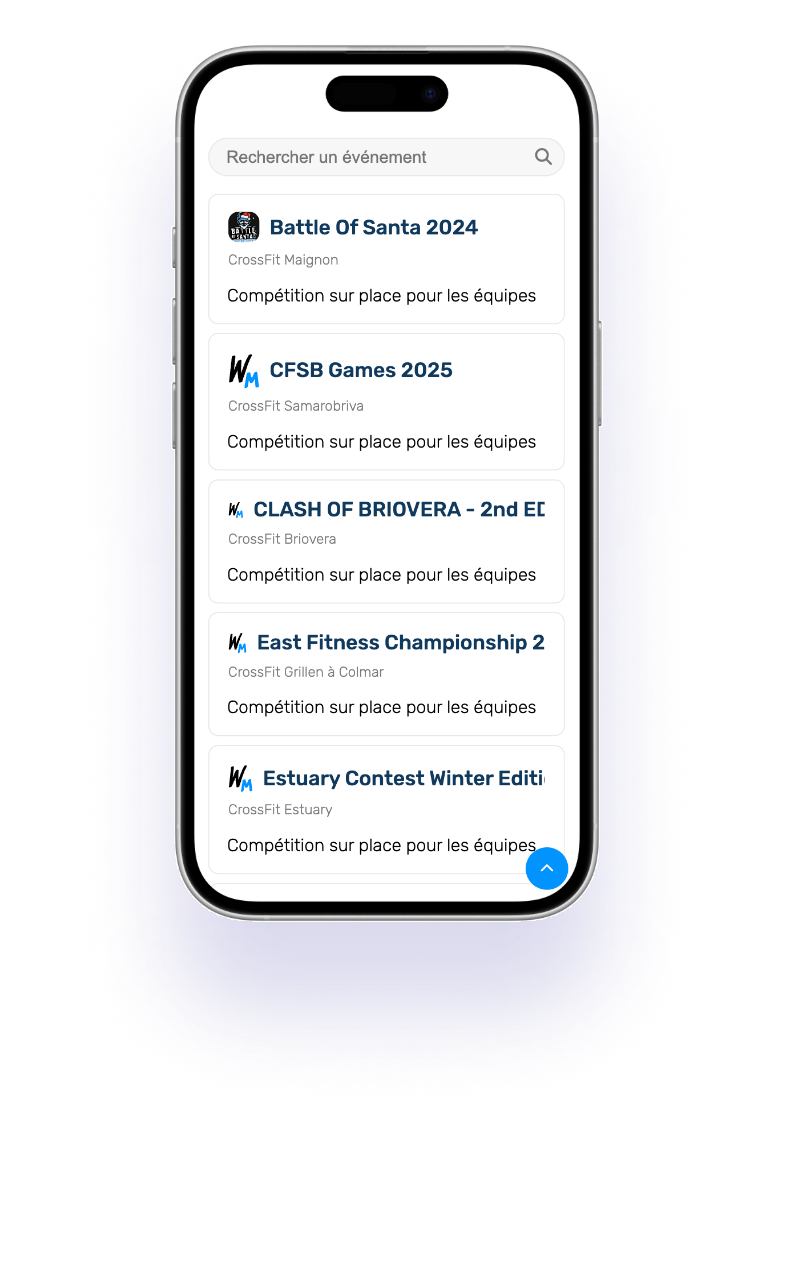 Screenshot of an iPhone with a list of events in the Wodmate app.